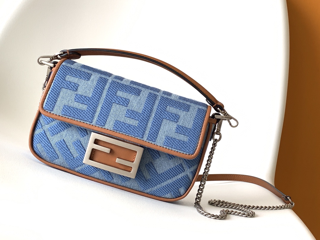 Fendi Mini Baguette FF Chenille Shoulder Bag Blue